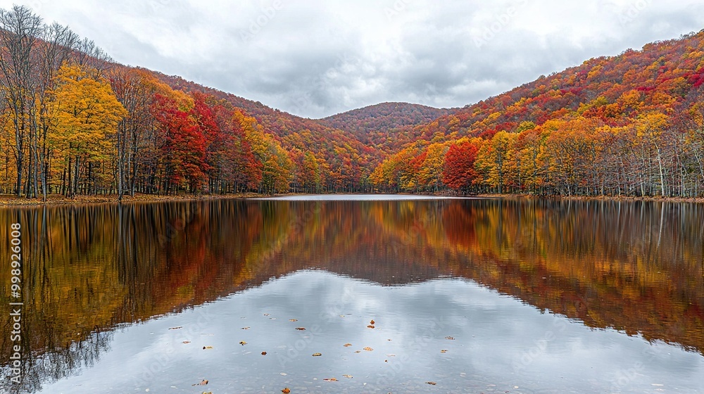 Naklejka premium A forest envelops a body of water, featuring fall-colored trees and a majestic mountain range visible through the clouds above