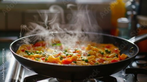 A steaming pan of colorful vegetables is being sautéed in a kitchen, releasing inviting aromas of fresh, home-cooked food.