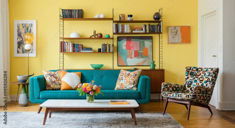 Sofa in modern interior design with yellow wall and decorative elements showcasing stylish living room decor Sofa in modern interior design with yellow wall and decorative elements showcasing stylish living room decor