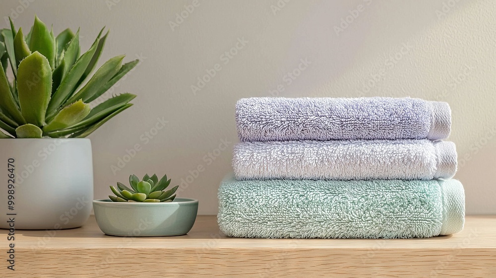 A tower of towels rests atop a wooden shelf alongside a potted plant and a bowl brimming with succulents A tower of towels rests atop a wooden shelf alongside a potted plant and a bowl brimming with succulents