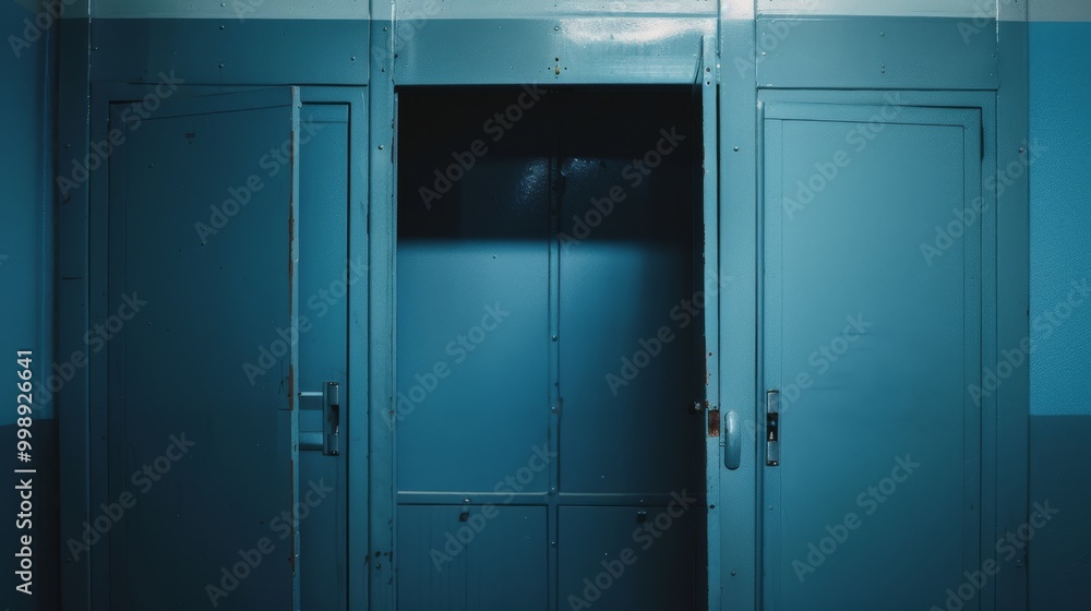 An empty, blue elevator shaft with closed metal doors, capturing an atmosphere of silent anticipation and urban stillness. An empty, blue elevator shaft with closed metal doors, capturing an atmosphere of silent anticipation and urban stillness.