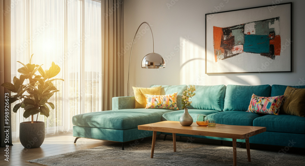 Obraz premium Living room furniture in modern interior design with bright colors and cozy atmosphere featuring stylish home decor