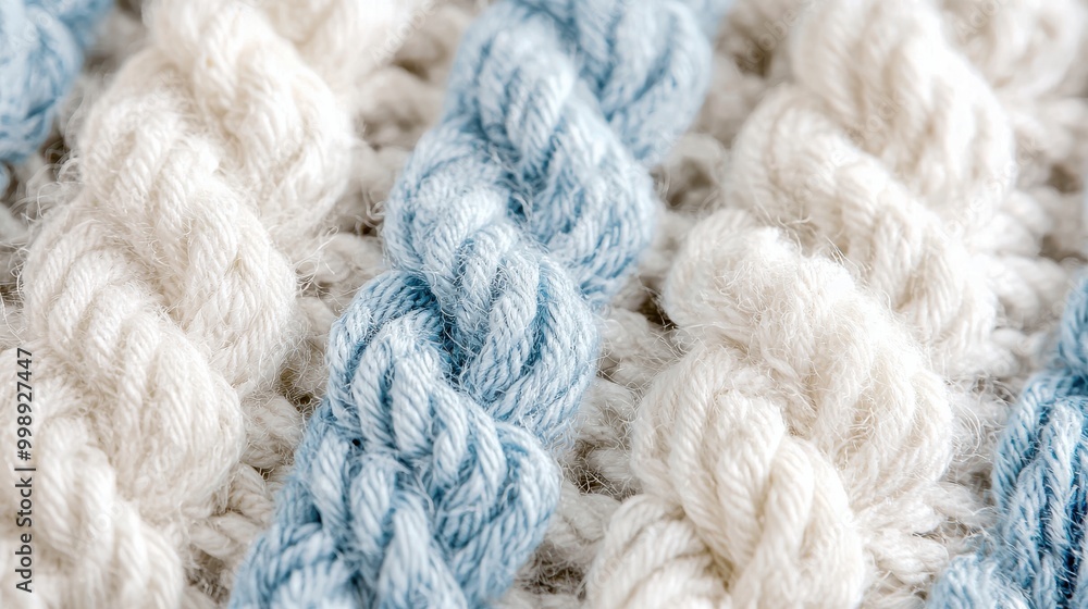 A close-up of soft, knitted wool featuring thick, cozy patterns in winter hues of white, cream, and pale blue, evoking warmth and comfort A close-up of soft, knitted wool featuring thick, cozy patterns in winter hues of white, cream, and pale blue, evoking warmth and comfort