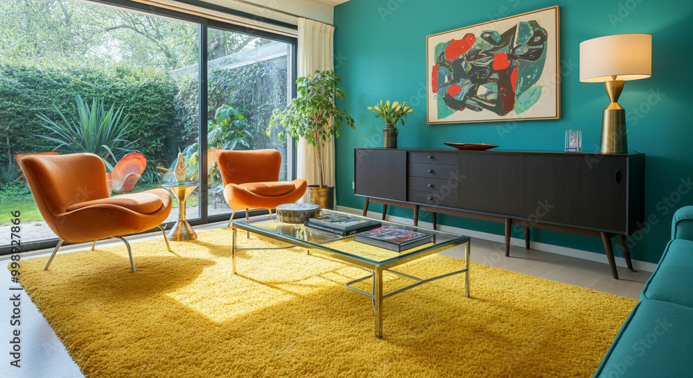 Fototapeta premium Living room with modern interior decor and vibrant color scheme featuring stylish furniture and accessories