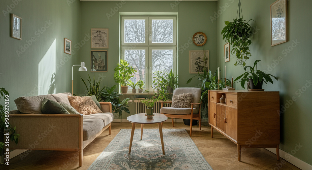 Fototapeta premium Living room with plants and modern interior design showcasing natural light and cozy decor