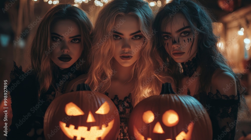 Halloween Celebrations with Witches and Pumpkins in an Autumn Forest Setting Halloween Celebrations with Witches and Pumpkins in an Autumn Forest Setting