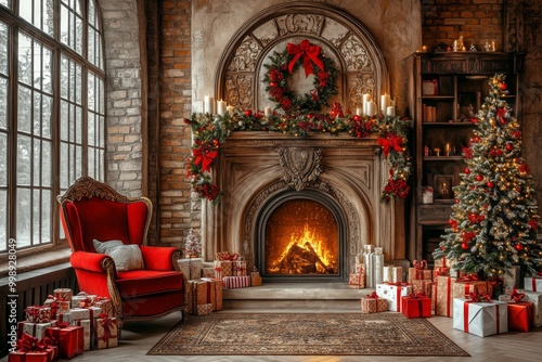 Wallpaper Mural Traditional Christmas living room with a decorated tree and a glowing fireplace, surrounded by wrapped presents, creating a warm and festive holiday atmosphere with soft lighting. Torontodigital.ca