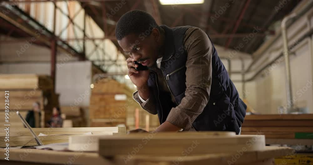 Carpenter, phone call and black man in workshop with tablet for manufacturing, wood furniture and business. Carpentry, lumber factory and person talking on smartphone with client for timber order Carpenter, phone call and black man in workshop with tablet for manufacturing, wood furniture and business. Carpentry, lumber factory and person talking on smartphone with client for timber order