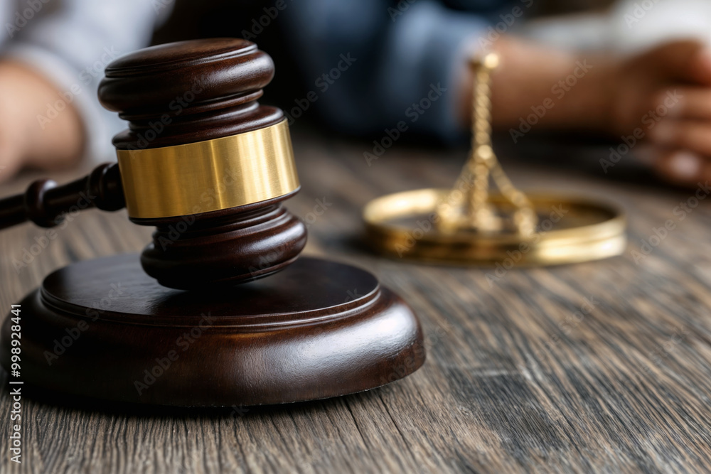 Wooden gavel and scales of justice on courtroom desk, symbolizing legal judgment, law enforcement, and judicial system in action Wooden gavel and scales of justice on courtroom desk, symbolizing legal judgment, law enforcement, and judicial system in action