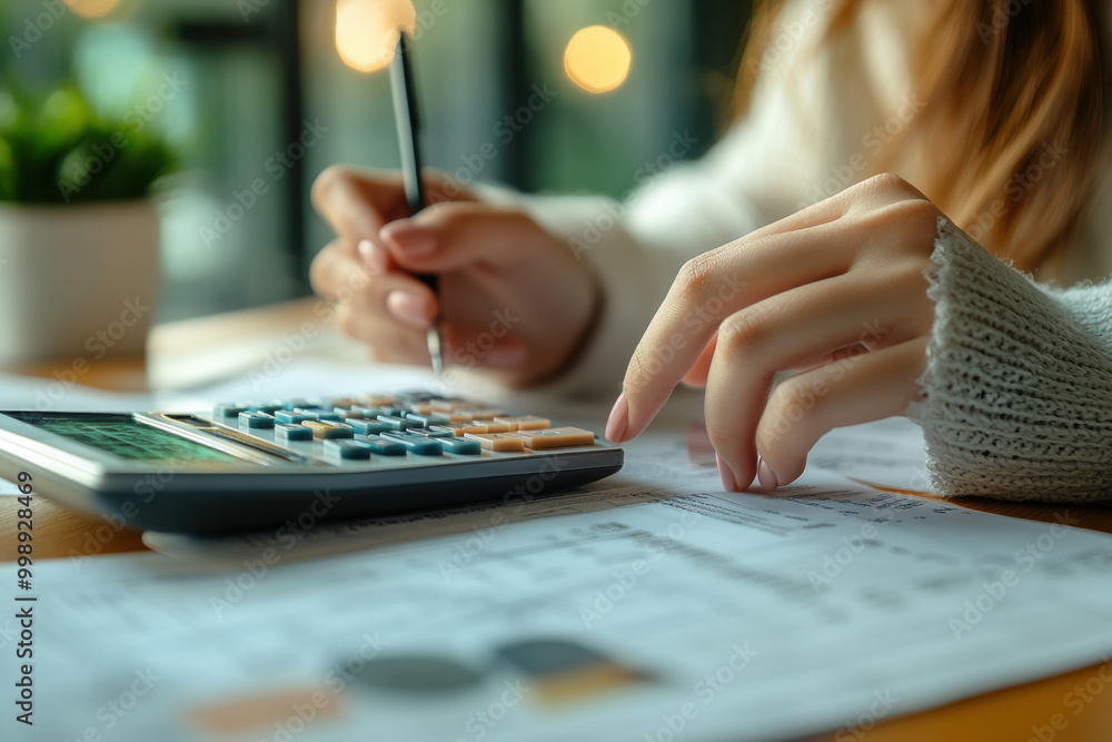 Fototapeta premium Deduction planning, debt asian young woman hand using calculator to calculating money balance from bill and income, cost budget expenses for pay money form personal individual on table at home