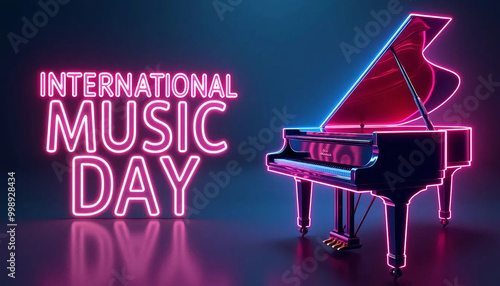 A neon-lit grand piano stands beside the glowing text 
