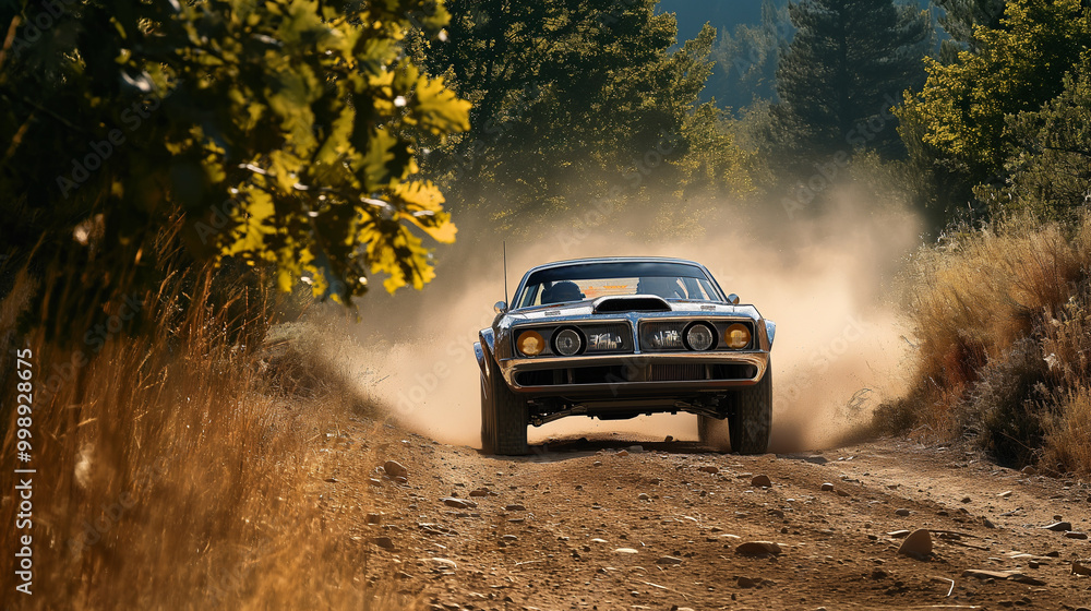 Obraz premium Old rally car on the road, splashing the dirt in racing scene in the forest