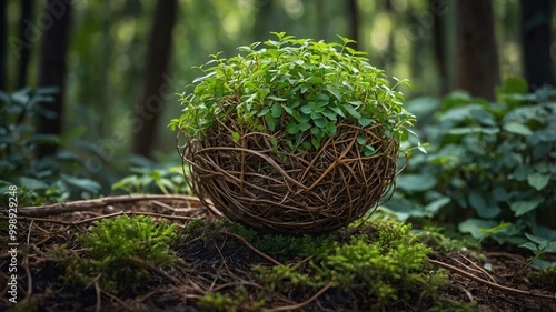 Small slender tree plants from the nature of the world like a ball covered with roots and leaves in alone plant in jungle