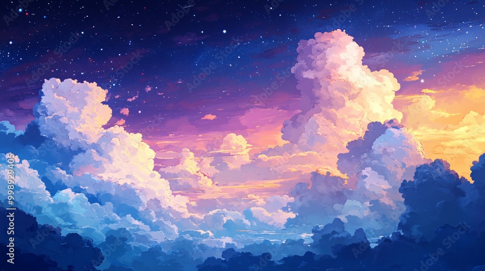 Whimsical Sunset with Starry Night Sky and Fluffy Clouds Whimsical Sunset with Starry Night Sky and Fluffy Clouds
