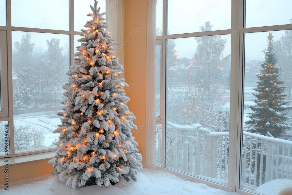 White Christmas tree glowing softly in front of large windows overlooking a snowy landscape, creating a serene and modern holiday setting with minimalist décor. White Christmas tree glowing softly in front of large windows overlooking a snowy landscape, creating a serene and modern holiday setting with minimalist décor.