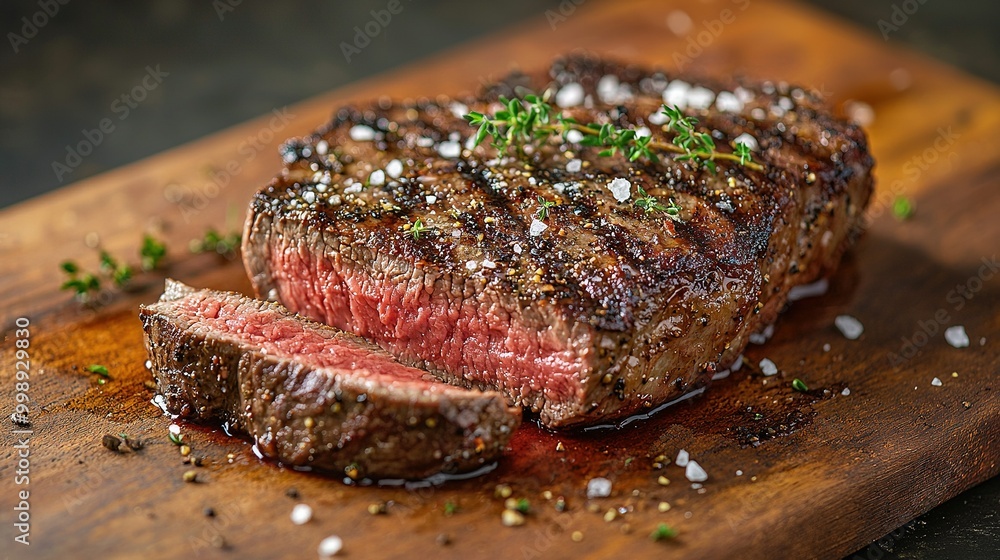 A perfectly cooked steak on a cutting board garnished with fresh parsley A perfectly cooked steak on a cutting board garnished with fresh parsley