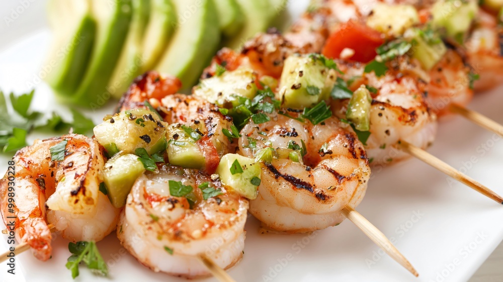 Grilled shrimp with kiwi-avocado salsa, served on a modern sleek white background Grilled shrimp with kiwi-avocado salsa, served on a modern sleek white background