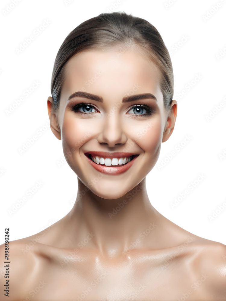 Female model with a perfect smile, flawless make-up showcases healthy, glowing skin with a focus on beauty and health, perfect for advertising on a transparent background. Female model with a perfect smile, flawless make-up showcases healthy, glowing skin with a focus on beauty and health, perfect for advertising on a transparent background.