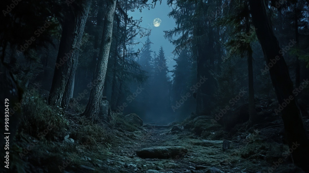 Fototapeta premium Moonlit Path Through a Foggy Forest