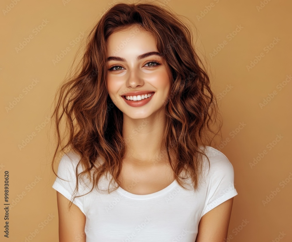 Smiling woman with wavy hair in a plain white shirt against a warm backdrop Smiling woman with wavy hair in a plain white shirt against a warm backdrop
