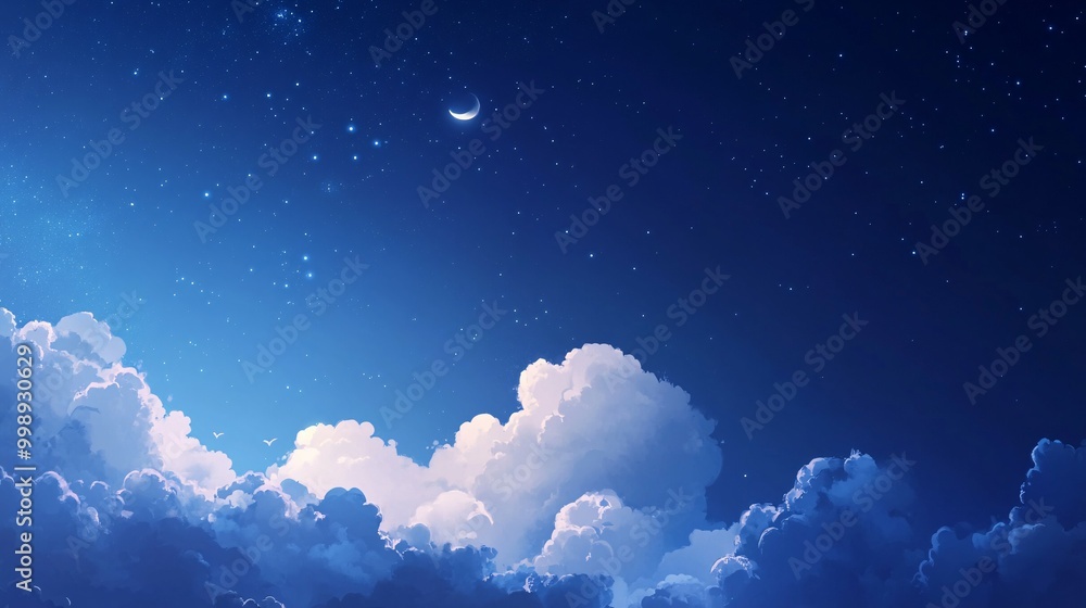 A Night Sky With A Crescent Moon And Fluffy Clouds A Night Sky With A Crescent Moon And Fluffy Clouds
