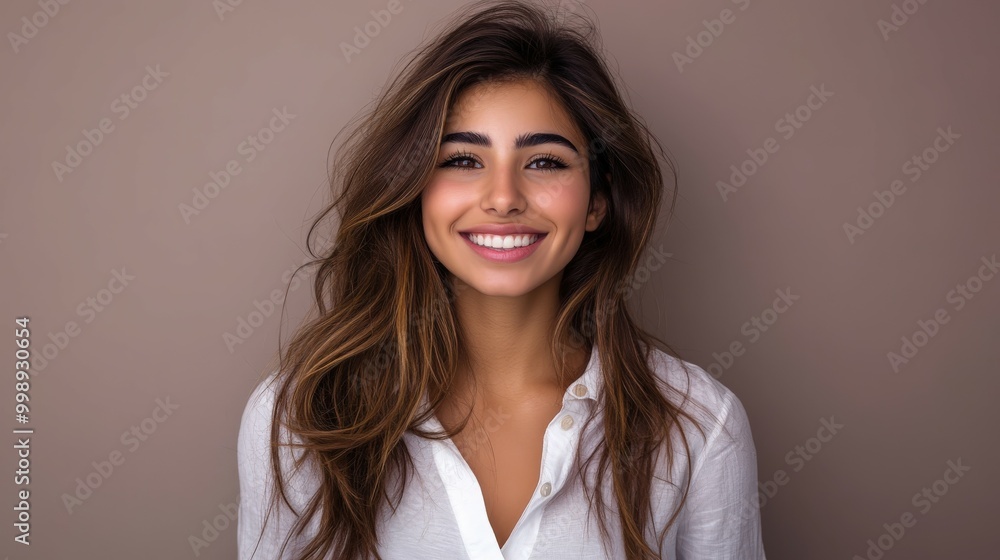Smiling young woman in a white shirt against a neutral background Smiling young woman in a white shirt against a neutral background