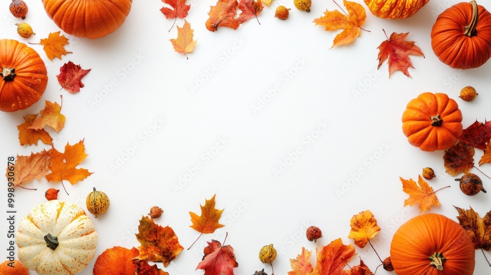 Fototapeta premium Autumn decor with pumpkins and leaves on a white background space for text