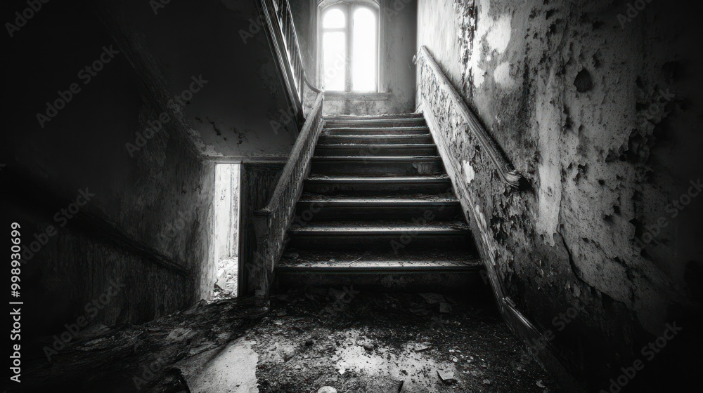 A Stairwell in a Crumbling Building with a Bright Window at the End A Stairwell in a Crumbling Building with a Bright Window at the End