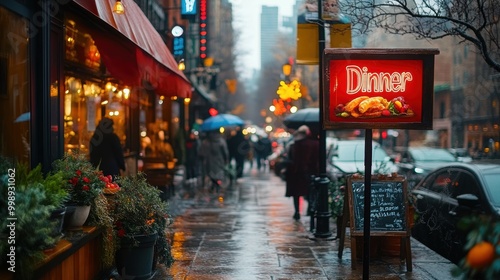 A bustling urban street scene captures a rainy evening with pedestrians carrying umbrellas, illuminated storefronts, and a vibrant neon 'Dinner' sign photo