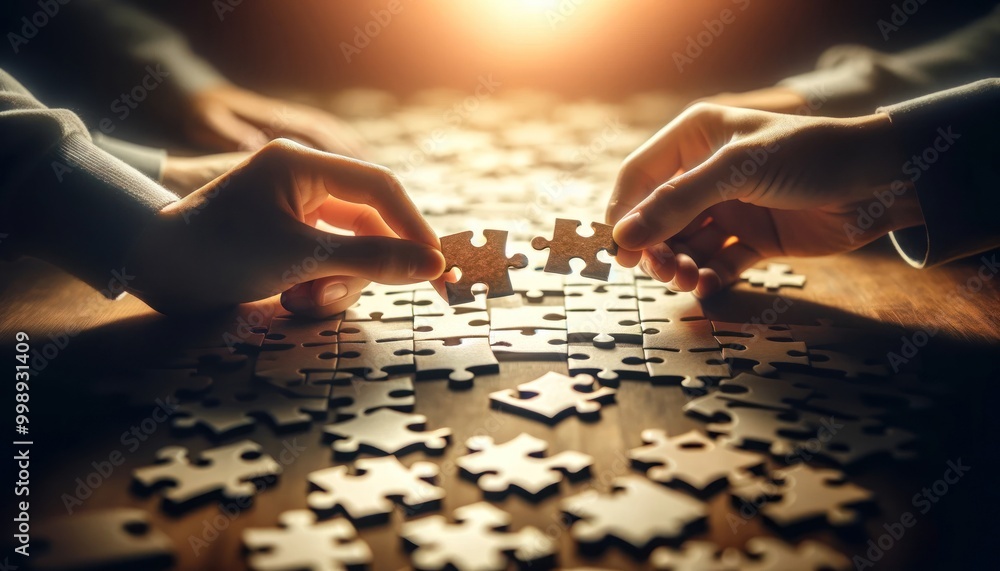 two hands about to connect two puzzle pieces, with a scattering of other puzzle pieces on a table. two hands about to connect two puzzle pieces, with a scattering of other puzzle pieces on a table.