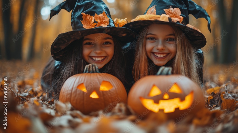 Fototapeta premium Halloween Celebrations with Witches and Pumpkins in an Autumn Forest Setting