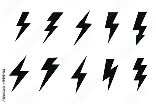 Lightning icon black set. thunderbolt symbol, vector