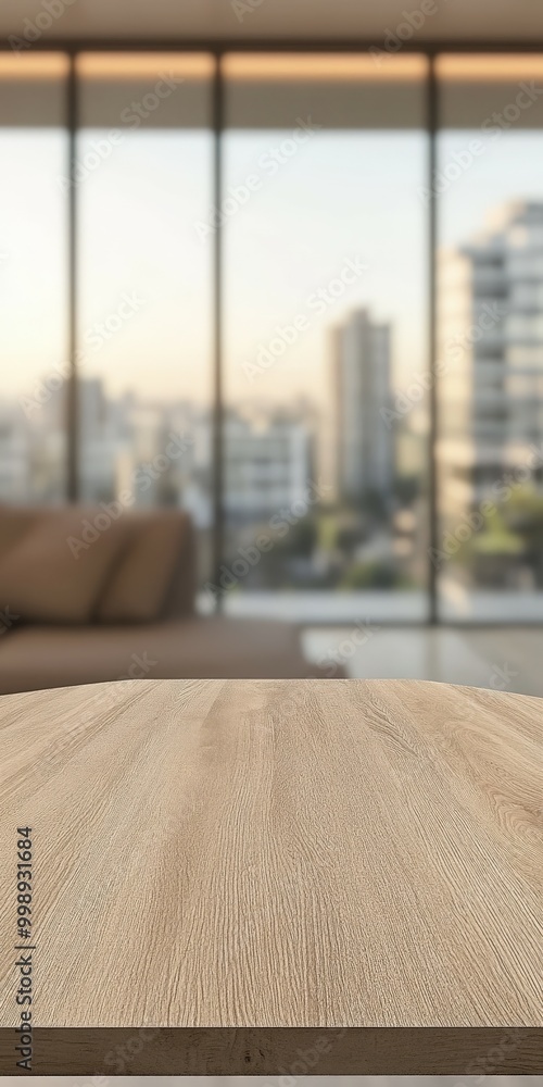 A sunlit urban apartment with a wooden table and city skyline view A sunlit urban apartment with a wooden table and city skyline view