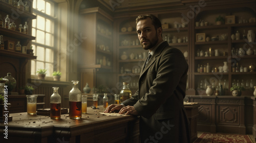 AI. Young chemist working in an outdated laboratory. Old laboratory of a medieval alchemist, with reagents and flasks. A vintage laboratory with old-fashioned glassware and shelves filled with books.