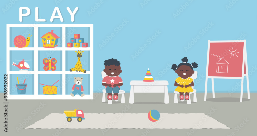Obraz premium Cute Black Children Sitting on Chairs in the Kids' Room. Playroom Interior. Kids' Room in Blue Color. Cabinet with Toys, Blackboard, Table, Chairs, Rug. Vector Illustration