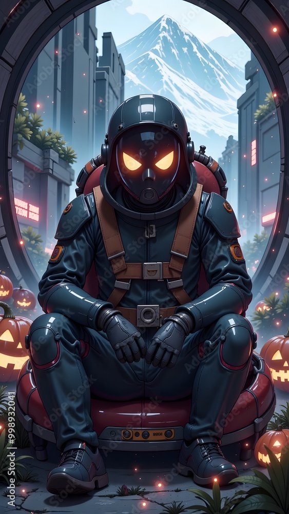 Futuristic figure in a black suit with glowing eyes, surrounded by pumpkins. Futuristic figure in a black suit with glowing eyes, surrounded by pumpkins.