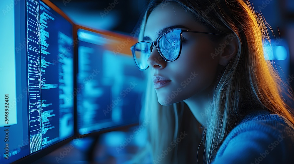 Female cyber security analyst analyzing AI cyberspace threats on computer in dark tech office data centre. Blue lighting. IT specialist ethical hacking Female cyber security analyst analyzing AI cyberspace threats on computer in dark tech office data centre. Blue lighting. IT specialist ethical hacking
