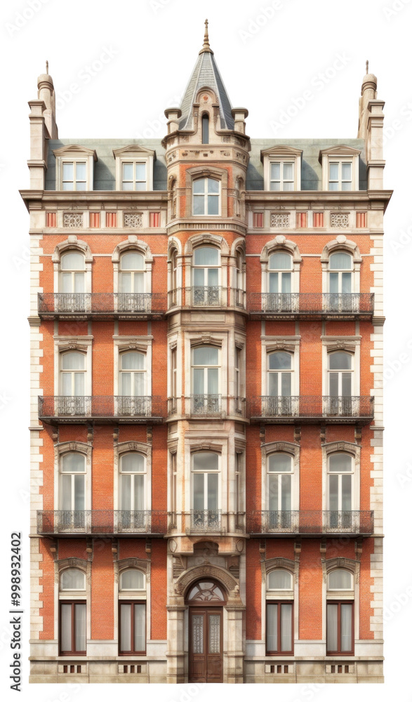 Fototapeta premium PNG Tall brick european apartment architecture building window.