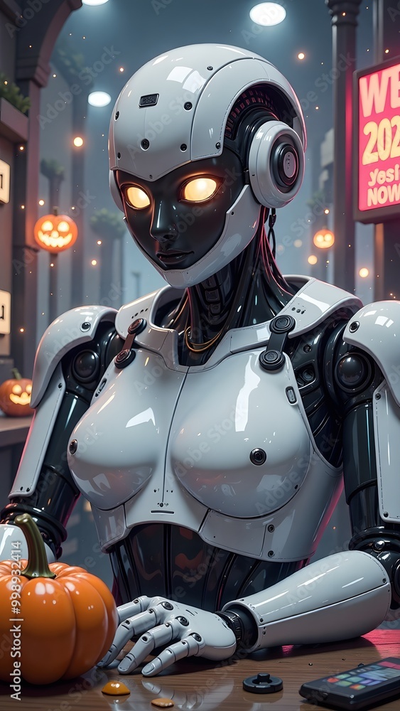 Futuristic female robot with glowing eyes in a festive Halloween setting. Futuristic female robot with glowing eyes in a festive Halloween setting.