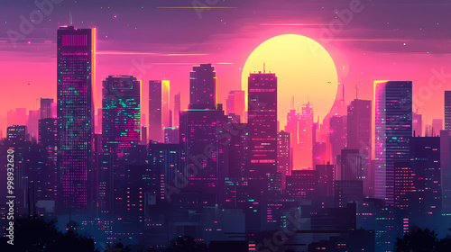 Wallpaper Mural Cityscape with neon glow, vaporwave twilight. Vaporwave Aesthetic. Illustration Torontodigital.ca