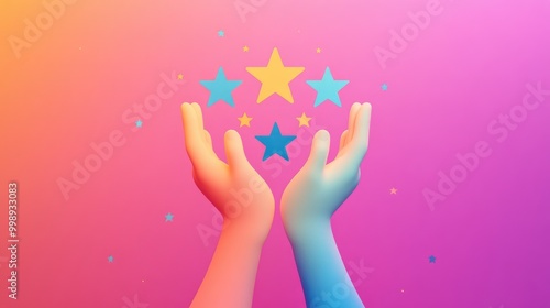 3D rendered hands holding five stars with colorful gradient background.