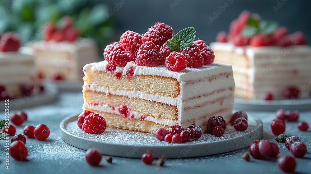A slice of cake with white frosting and raspberries on a plate amidst other cakes A slice of cake with white frosting and raspberries on a plate amidst other cakes