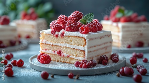  A slice of cake with white frosting and raspberries on a plate amidst other cakes