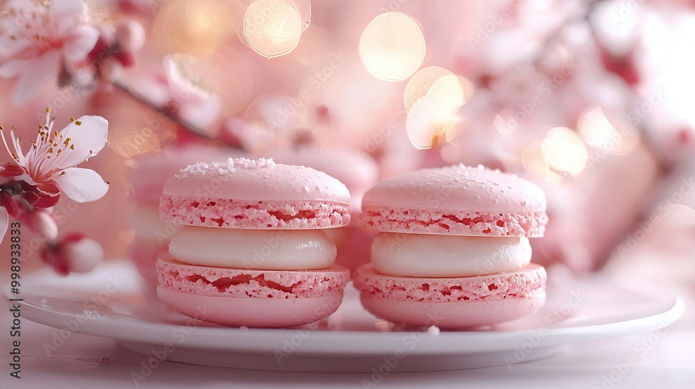   A white plate displays pink macaroons dusted in powdered sugar beside a pink-flowering tree