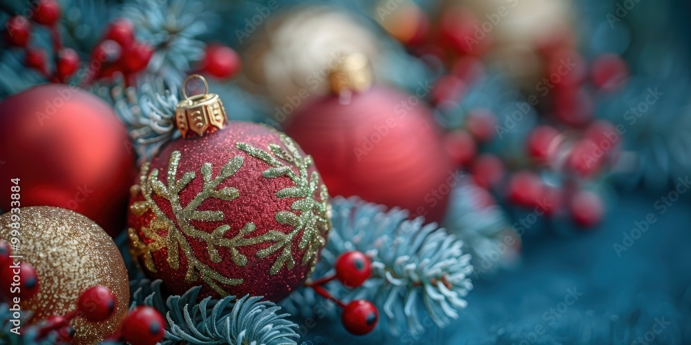A beautifully arranged festive holiday display featuring red and gold Christmas ornaments adorned with intricate designs, nestled among vibrant red berries and lush, frosty greenery A beautifully arranged festive holiday display featuring red and gold Christmas ornaments adorned with intricate designs, nestled among vibrant red berries and lush, frosty greenery