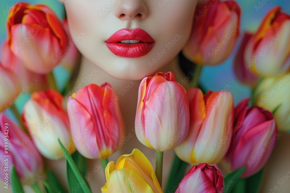 Tulips. Woman with red lipstick. Young woman with colorful flower. Professional photo Tulips. Woman with red lipstick. Young woman with colorful flower. Professional photo