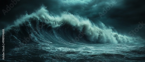 A dramatic image of a tsunami wave approaching the shore, showing the destructive power of water, tsunami wave, water destruction