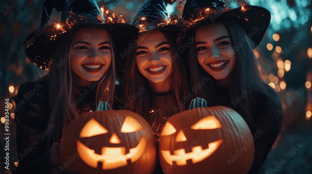 Halloween Celebrations with Witches and Pumpkins in an Autumn Forest Setting Halloween Celebrations with Witches and Pumpkins in an Autumn Forest Setting