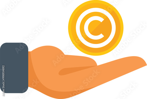 Businessman holding copyright symbol in hand icon, flat style