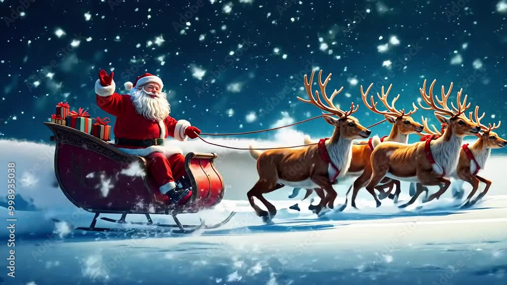 Santa Claus Riding Sleigh with Reindeer under Starry Winter Night Sky Delivering Christmas Gifts Santa Claus Riding Sleigh with Reindeer under Starry Winter Night Sky Delivering Christmas Gifts